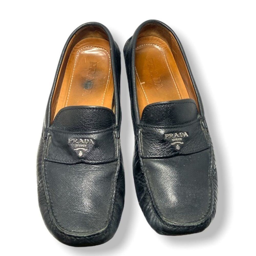 PRADA Vintage Men’s Black Leather Logo Loafers Sz 8.5 - Picture 2 of 7